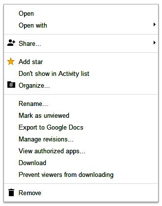 Google Drive - User Interface Context Menu