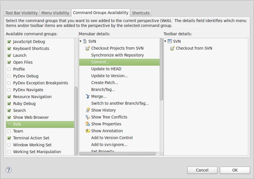 Packt Aptana Studio Command Group Visibility